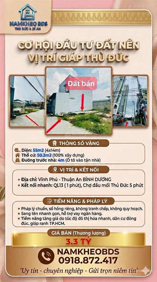 Đón sóng dịch chuyển từ sài gòn! lô đất 55m2 4x14m, ngay sát quốc lộ 13, giá chỉ 3.2 tỷ tl