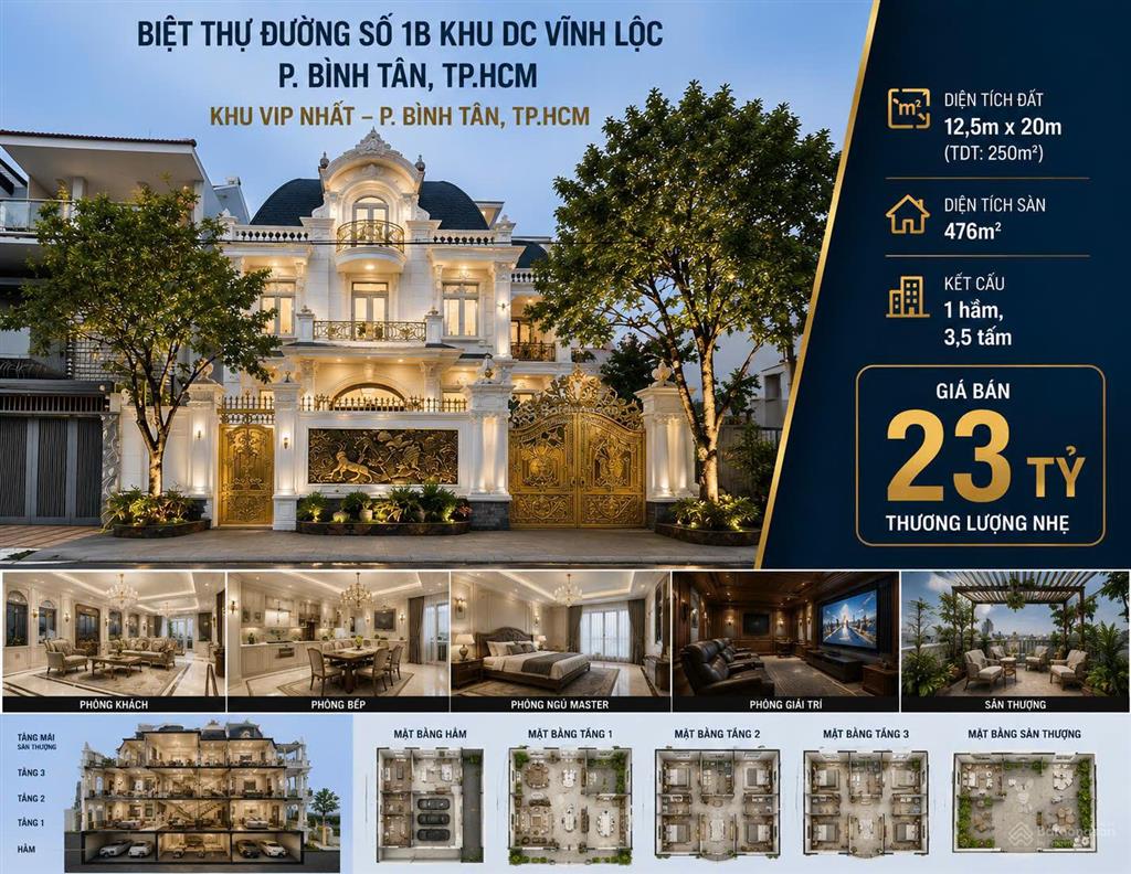 Bán biệt thự đường số 1b phường bình tân dt 12,5 x 20 đúc 1 hầm 1 trệt 2 lầu  0888 755 *** hiểu