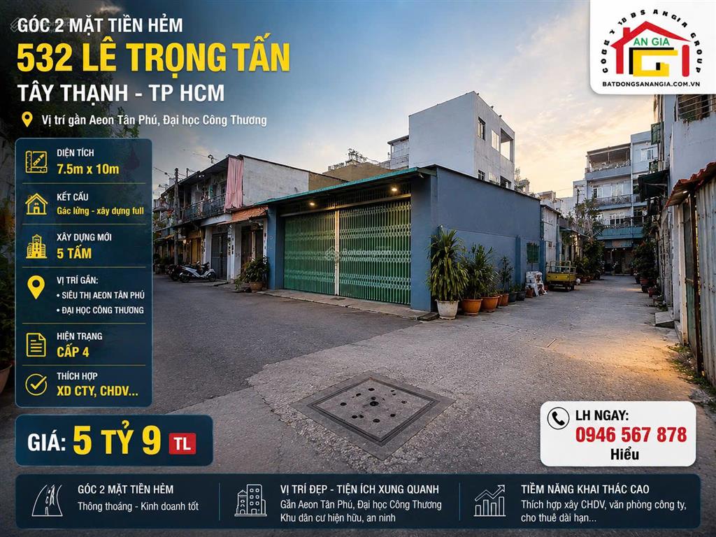 Bán nhà góc 2 mặt tiền hẻm đường lê trọng tấn dt 7,5x10 cấp 4 bán 5,9 tỷ  0888 755 ***