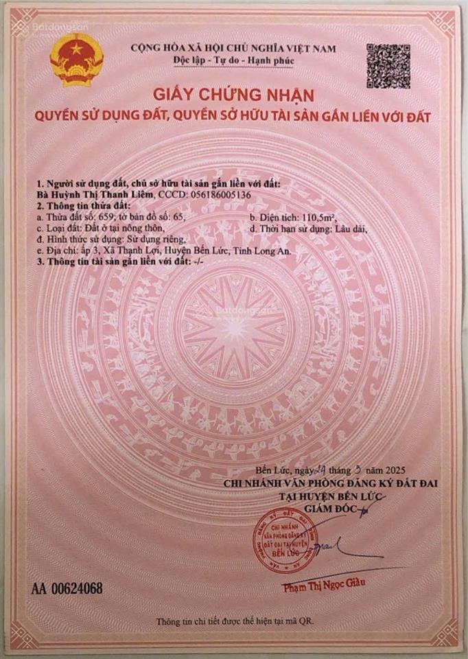 Bán đất 110m2 (5x22m) thổ cư chính chủ xã thạnh lợi  bến lức  long an giá rẻ 540 triệu