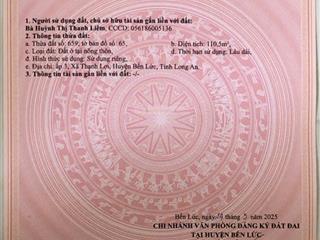 Bán đất 110m2 (5x22m) thổ cư chính chủ xã thạnh lợi  bến lức  long an giá rẻ 540 triệu