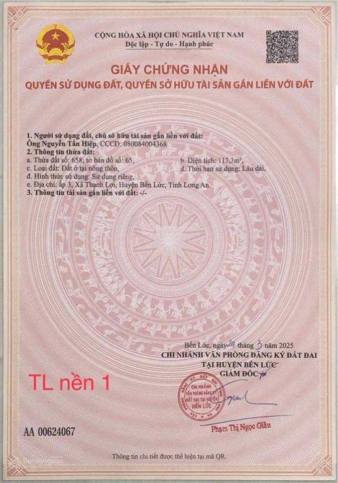 Bán đất 113m2 (5x24m) thổ cư chính chủ xã thạnh lợi  bến lức  long an giá rẻ 555 triệu