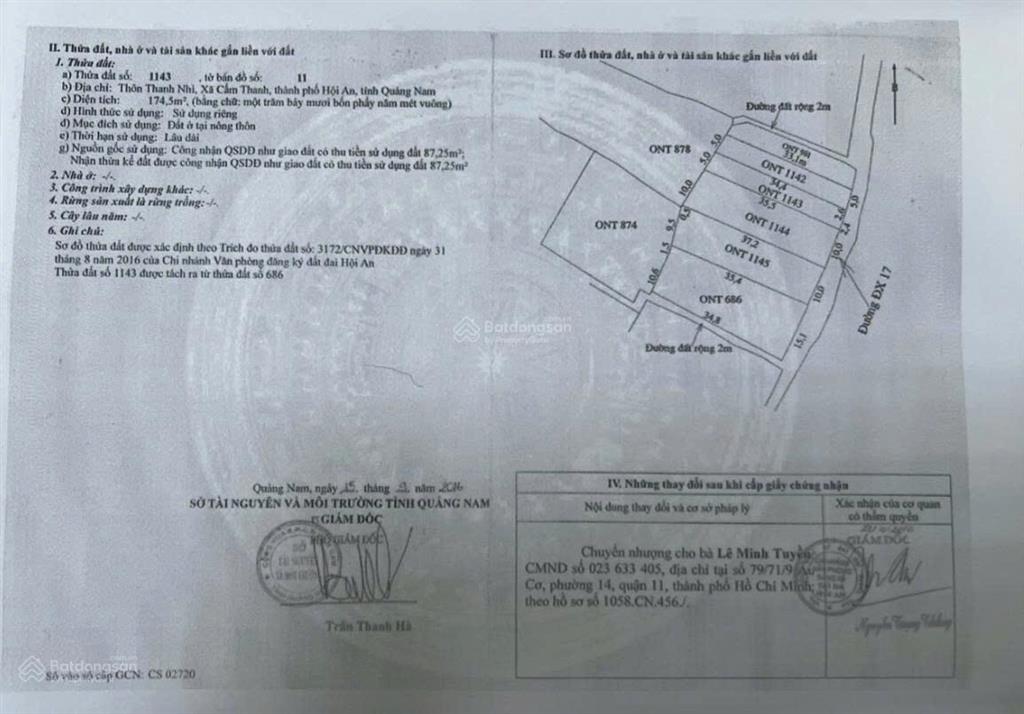 Chính chủ cần bán đất cẩm thanh  hội an, 174,5m thổ cư mặt tiền đx17