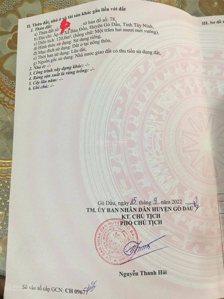 Chính chủ bán đất bàu đồn, gò dầu, tây ninh diện tích 120m2 giá 560tr  0979 913 ***