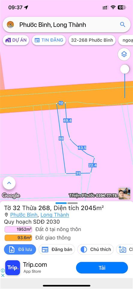 Bán đất 2045m2 tại ấp 6 đường phước bình, xã phước bình, huyện long thành