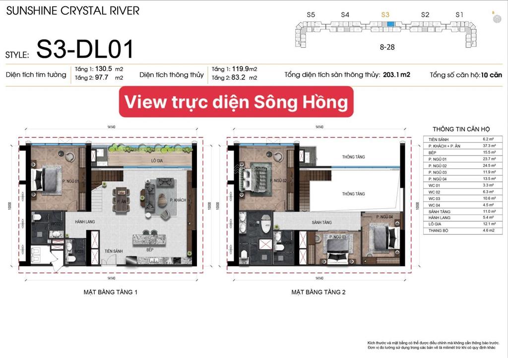 Duplex 2 tầng 203,9m2 4pn 5wc view trực diện sông hồng cực hiếm noble crystal