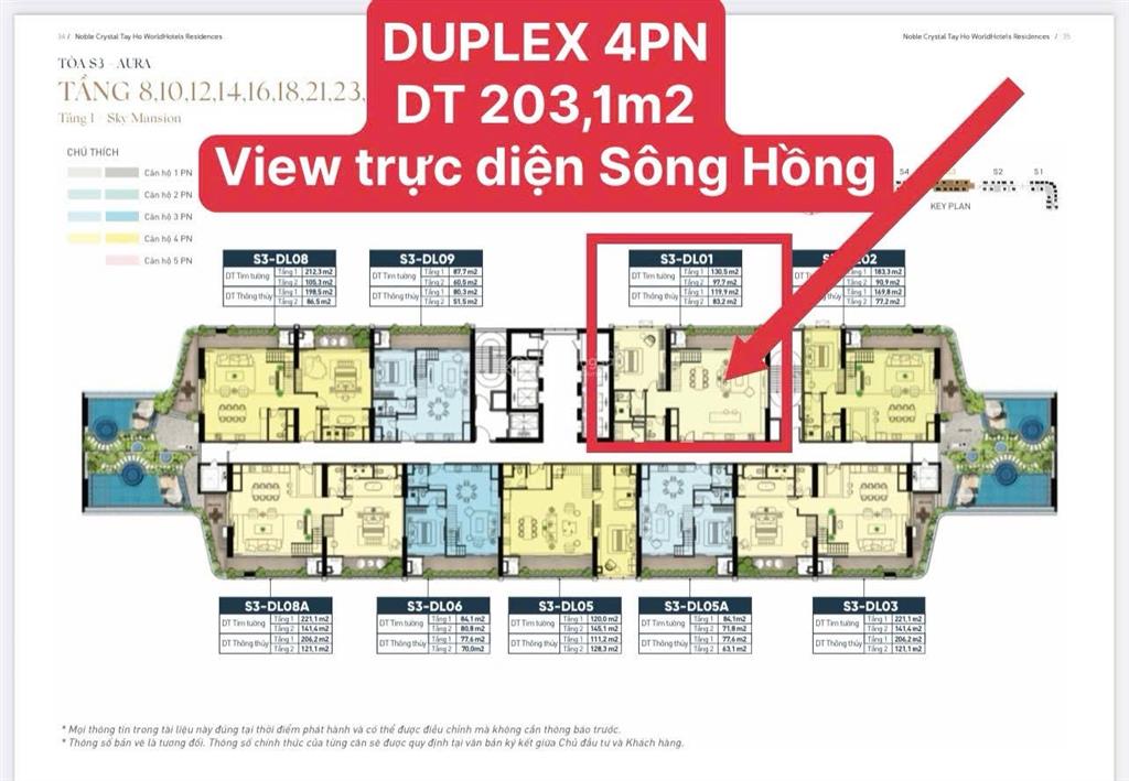 Duplex 2 tầng 203,9m2 4pn 5wc view trực diện sông hồng cực hiếm noble crystal