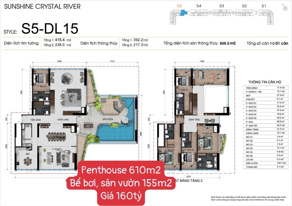 Penthouse duplex 610m2 dinh thự trên không view trọn sông hồng & hồ tâysân vườn riêng 155m2 noble