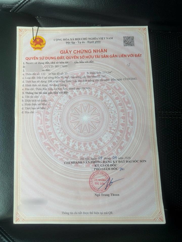 Bán mảnh đất tại thôn bắc giã, xã sóc sơn (gần ngã 3 phủ lỗ)