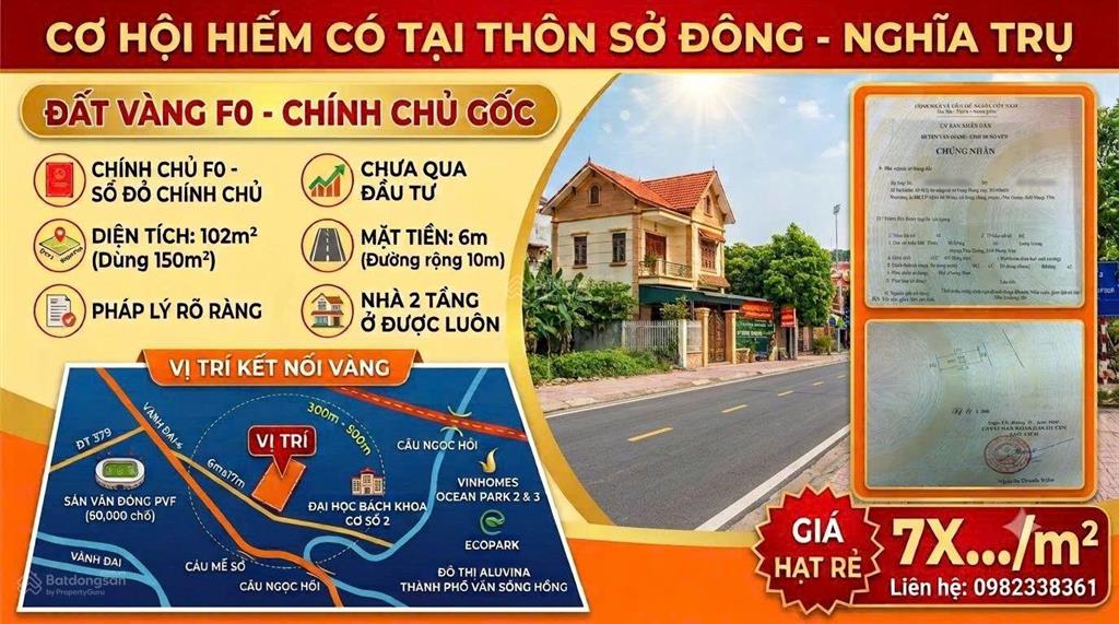 Hàng nguyên chủ gốc cần bán, 102 m2 thôn sở đông, xã nghĩa trụ, tỉnh hưng yên