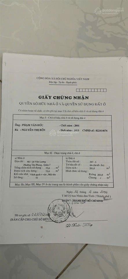 Bán gấp lô đất ở khuôn viên khủng 4000m2 (có 850m2 là đất thổ cư)  tân phong quận 7
