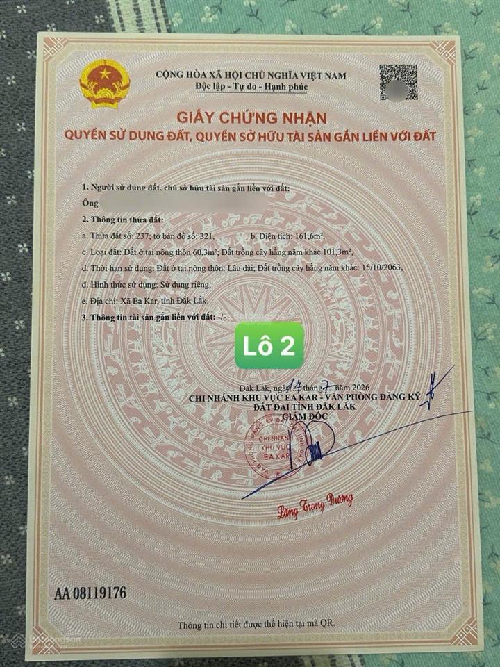 Bán đất tại xã ea kar, đắk lắk, giá tốt 179 triệu, 161m2, mặt tiền 6m, hướng tây nam