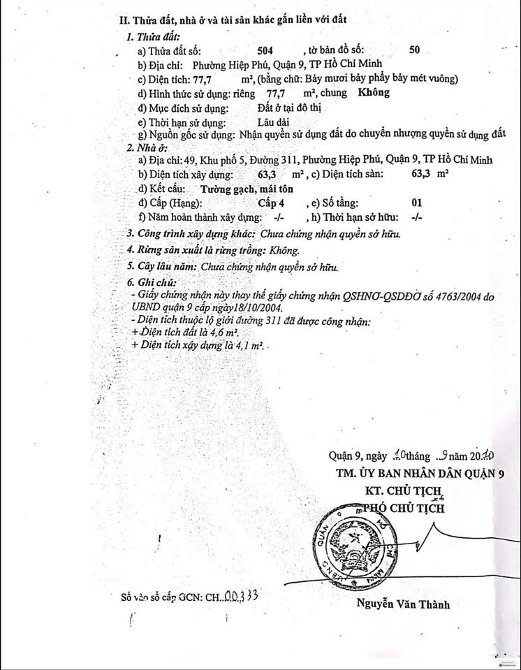 Bán nhà chính chủ đường 311, phường hiệp phú, quận 9