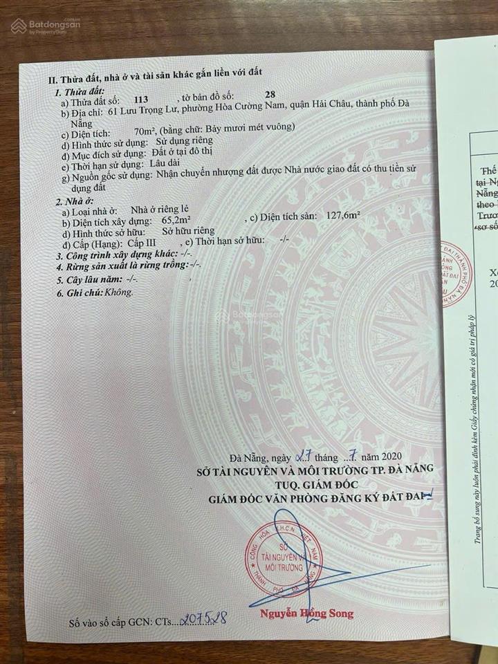 Bán căn nhà 2 tầng lưu trọng lư sát sông, giá chỉ 7,5 tỉ.  quy 0905 959 ***