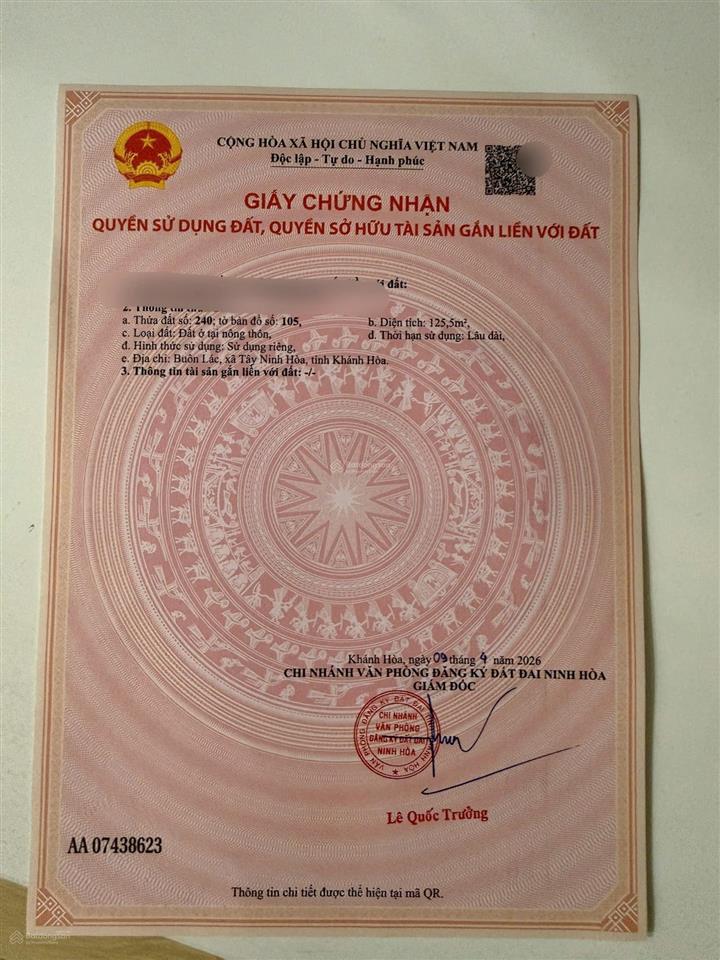 Lô full thổ cư tại ninh hòa chỉ 259 triệu.
diện tích 125m2 ngang 5m.
đường bê tông 56m.