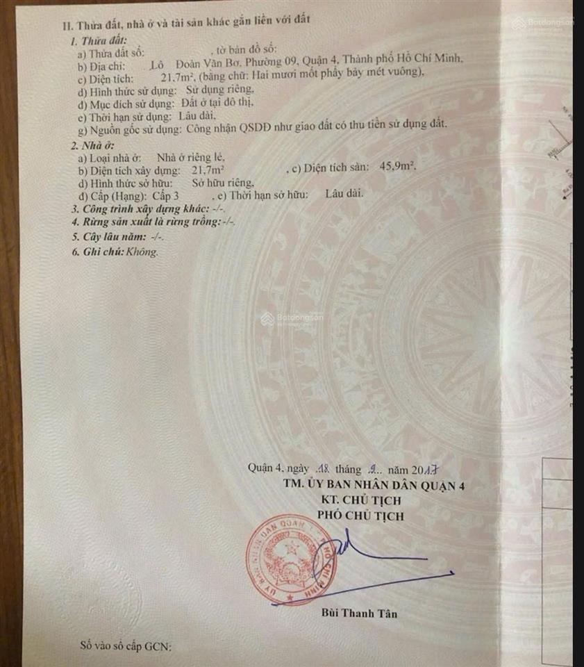 Quận 4  nhà lô khu 20 thước hoàng diệu, 21,7m2, 2 tầng  4,2 tỷ