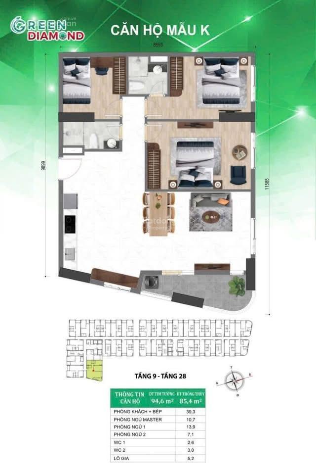 Cần bán căn 3pn bcons green diamond, thanh toán 5%