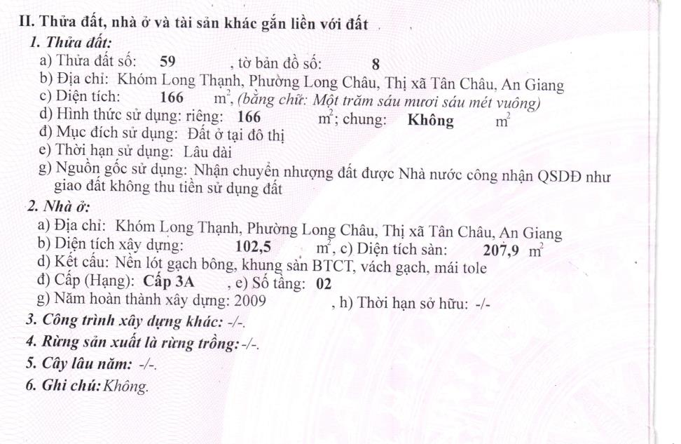 Bán 166m2 odt tại p.long châu, tx.tân châu, t.an giang