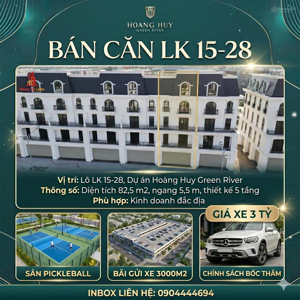 Hoàng huy green river, liền kề 82,5m2 chỉ 7.4 tỷ, view công viên, sân pickleball