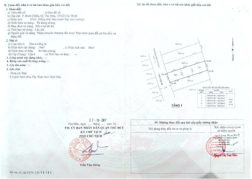 Bán đất ngô chí quốc 67m (ngang 4m x dài 17m) hẻm xe hơi 5m chỉ 3.750 tỷ còn tl