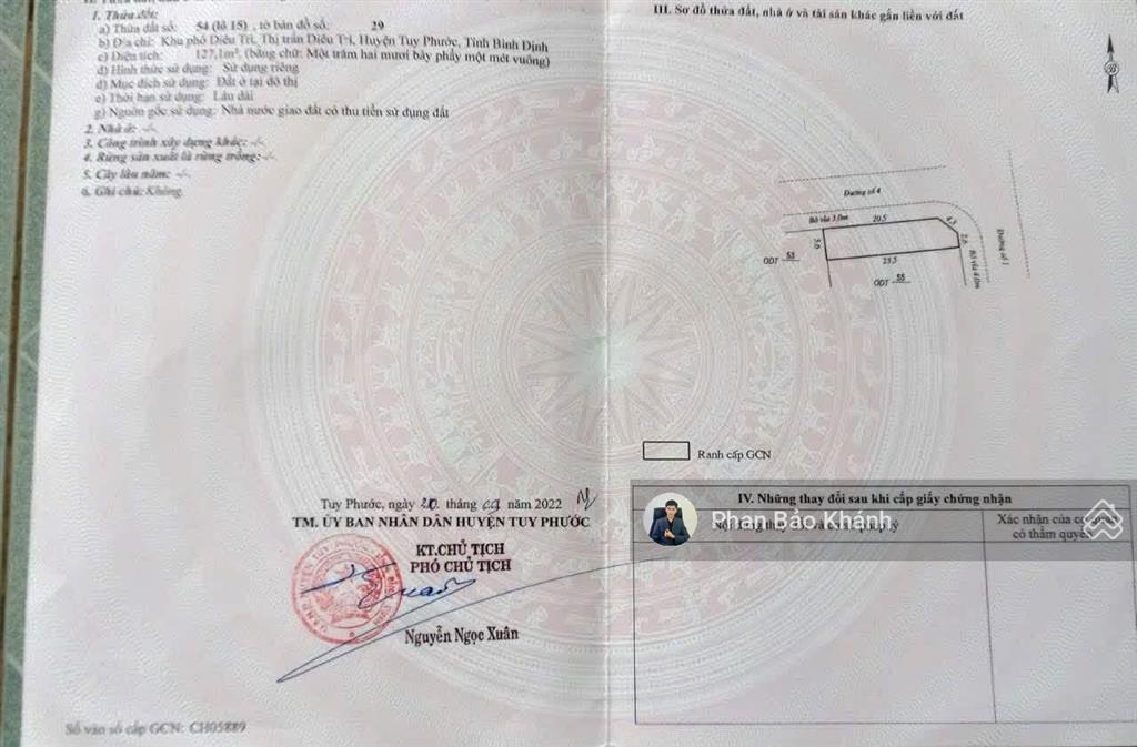 Bán lô góc 2 mặt tiền diêu trì, tuy phước 127,1m2 đất ở đô thị, giá 2,5 tỷ còn tl