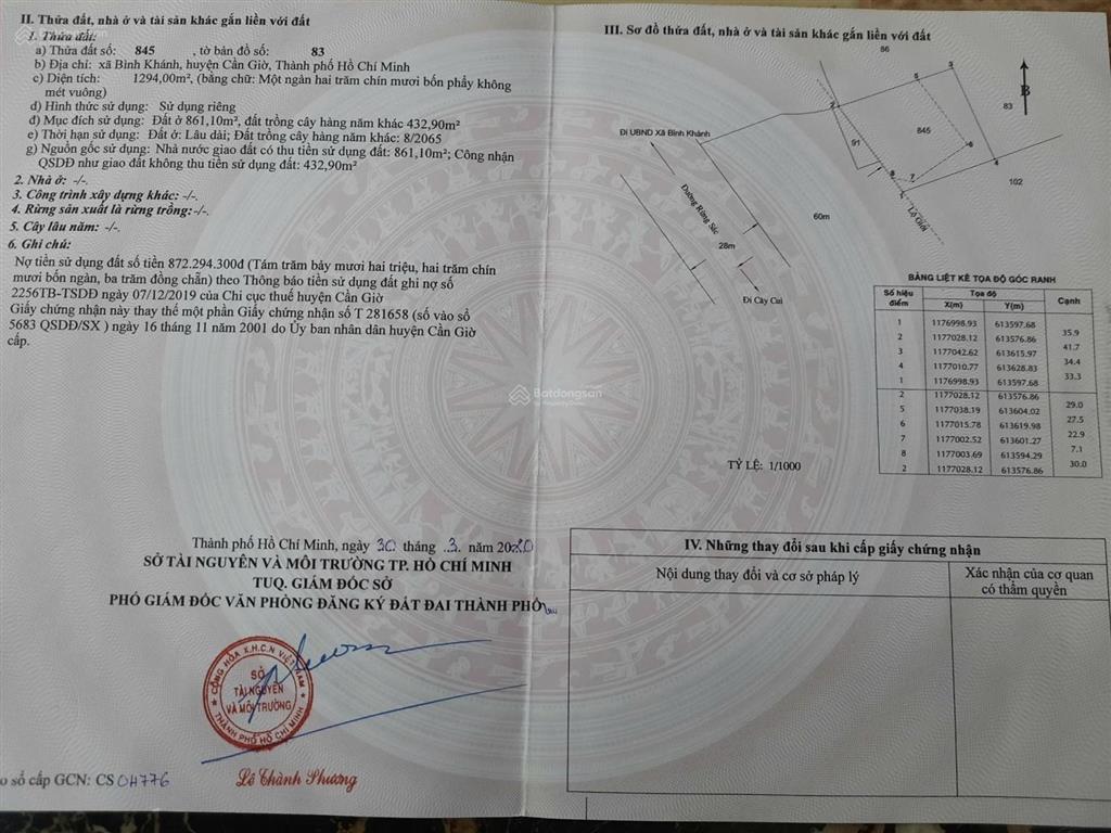 Bán đất thổ cư 2mt rừng sác, bình khánh, cần giờ, hồ chí minh, 36 tỷ, 1294 m2, hot