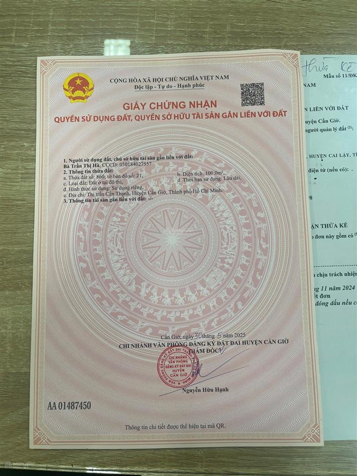 Đất bán cần giờ, 2mt đường trước 16m sau 4,5m full thổ cư, giá trọn sổ 5ti2