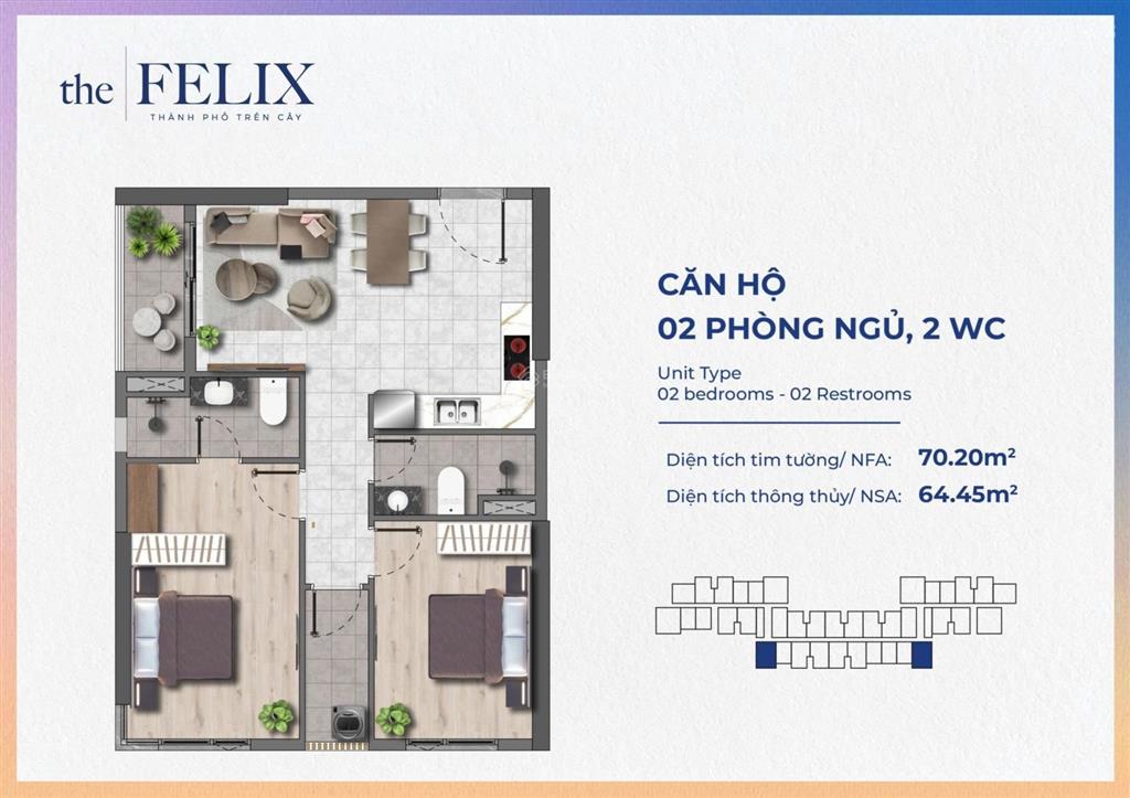 Bán cc 1pn 1wc 45m2 tại the felix thuận an, 1,728 tỷ vnd