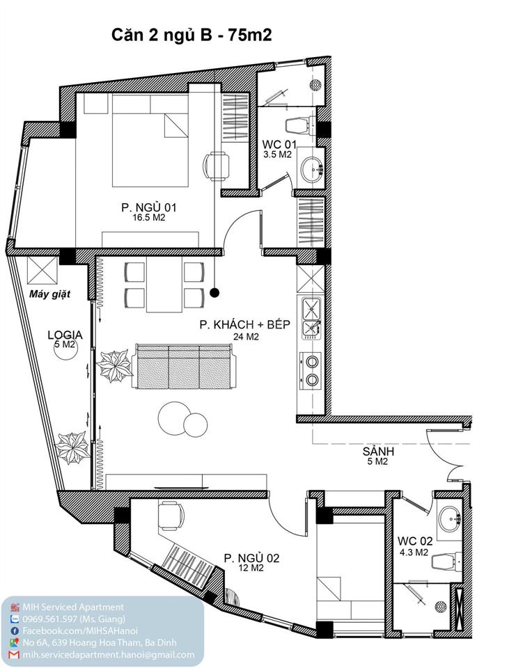 Chdv 75m2 2pn 2wc 1 ban công / dọn dẹp 2l/tuần / điều hoà 2 chiều