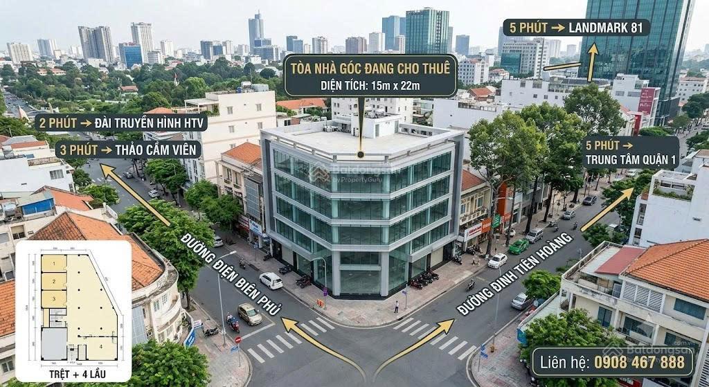 Cho tòa nhà cho thuê góc điện biên phủ đinh tiên hoàng ngang 15m