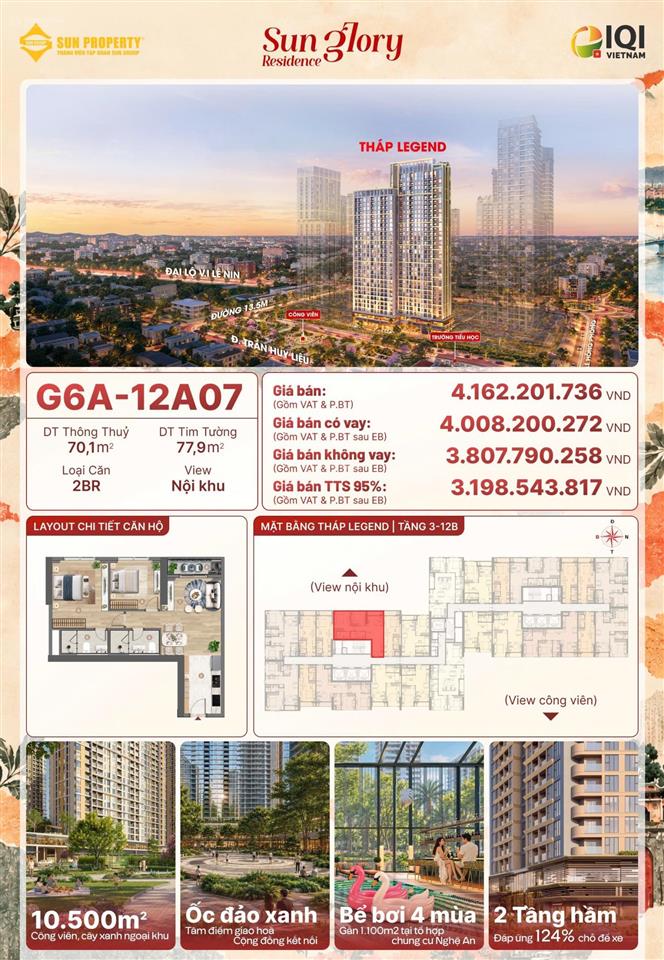 Bán căn hộ sun glory residence 2pn tại lô đất hh01 ngã 5 bùng binh hải quan p.trường vinh, 3,2 tỷ