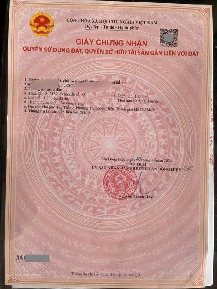 Bán đất 4.5x22m, mặt tiền huỳnh thị tươi p. tân đông hiệp, thổ cư 100%