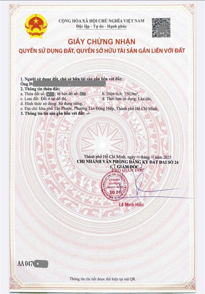 Bán đất 7.5x20m, đường d2 kdc hố lang p. tân đông hiệp