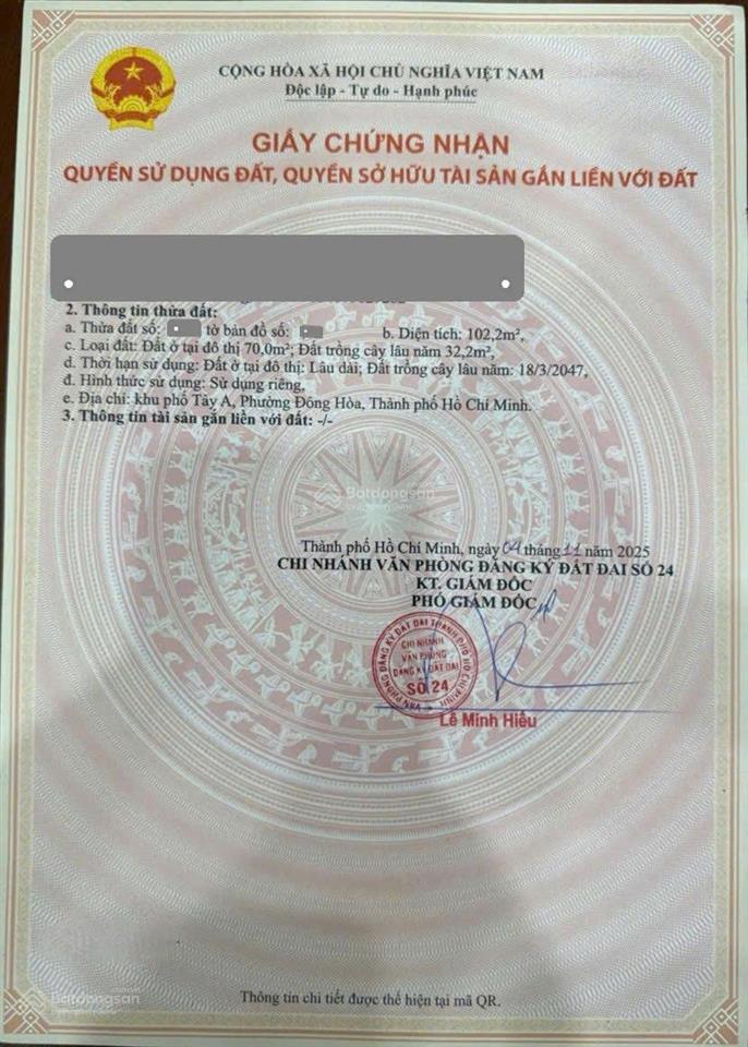 Bán đất 4.324.5m, hẻm đông minh p. đông hòa gần chợ dĩ an 1