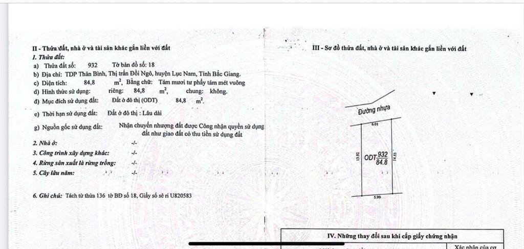 Giá 1,39 tỷ dt 84,8m2  mt 6m đất thị trấn đồi ngô!