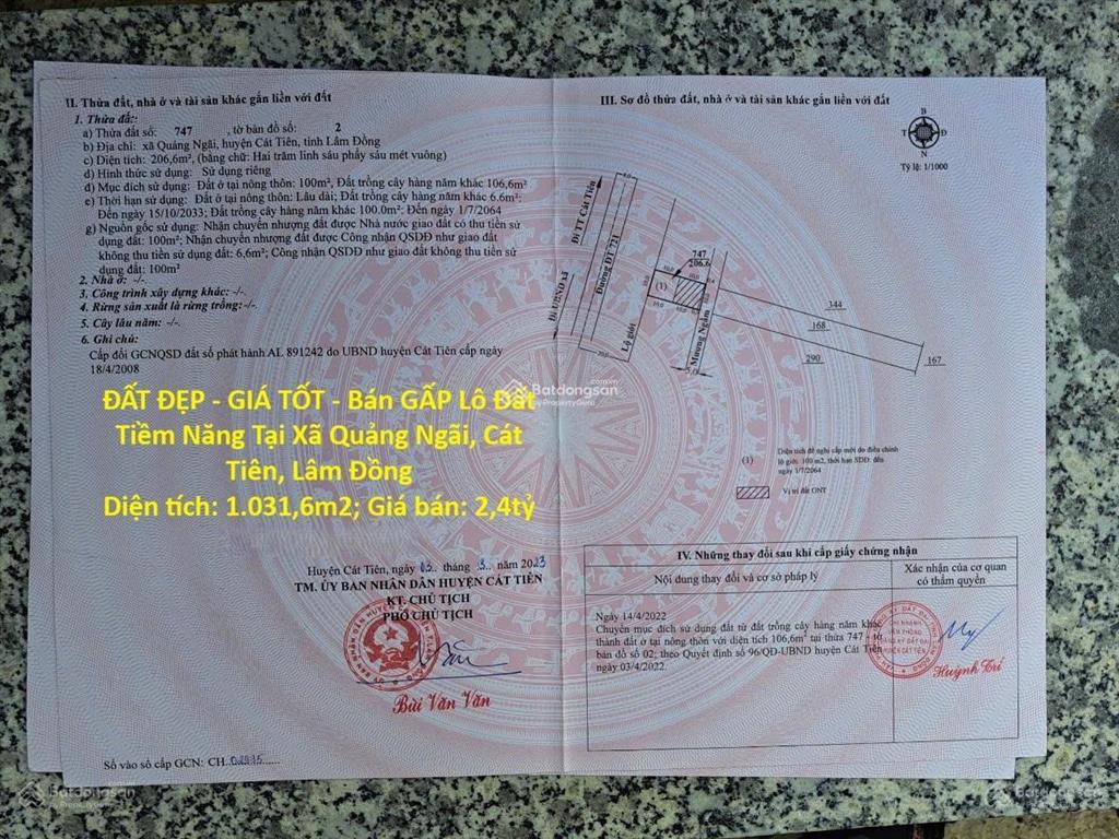 Chính chủ cần bán lô đất mặt tiền đường đt 721 xã cát tiên  tỉnh lâm đồng (xã quãng ngãi cũ)