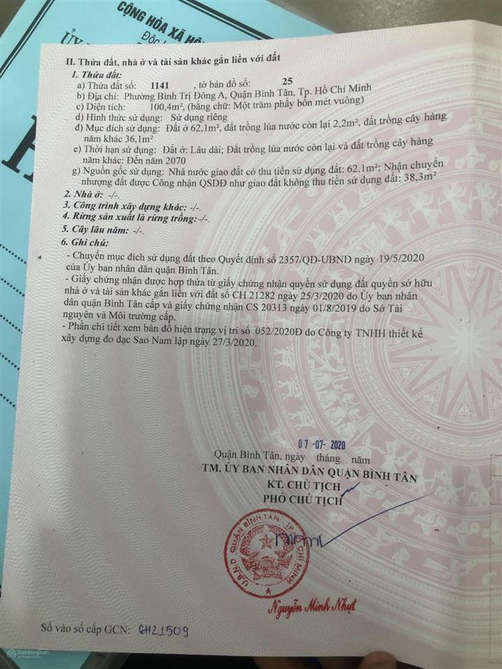 Bán đất nền dự án tại hương lộ 2, bình trị đông a, bình tân, 5,8 tỷ, 100m2