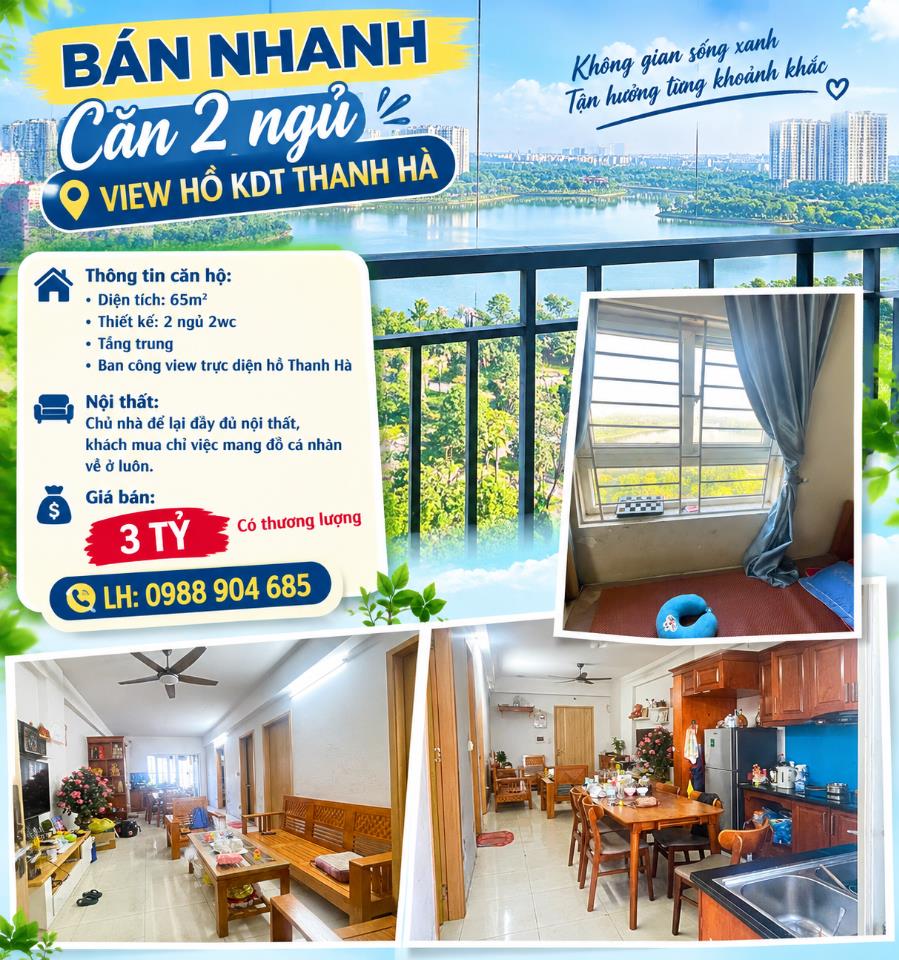Bán Nhanh Căn 2 Ngủ View Trực Diện Hồ Thanh Hà Giá 3 Tỷ