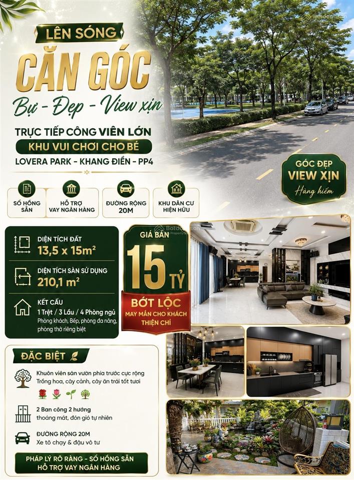 Biệt thự view công viên đẹp nhất dự án lovera park, dt 200m2, hồ cá koi, chỉ 15 tỷ