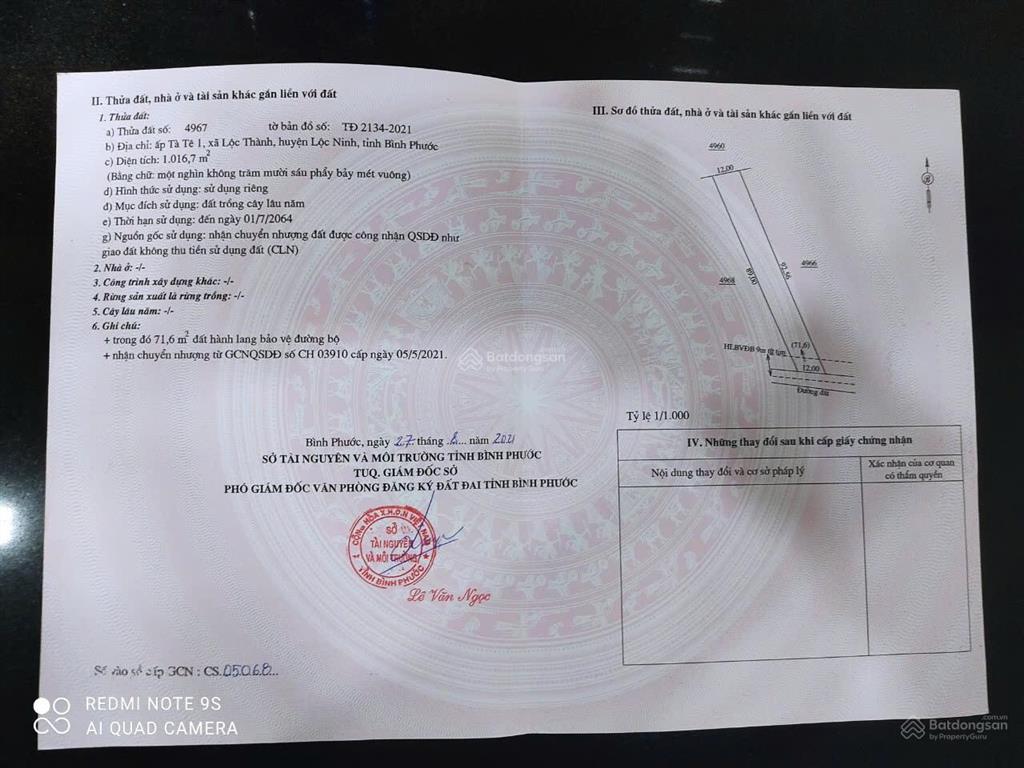 Bán đất đẹp tại xã lộc thành, huyện lộc ninh, bình phước, 399 triệu, 1016 m2
