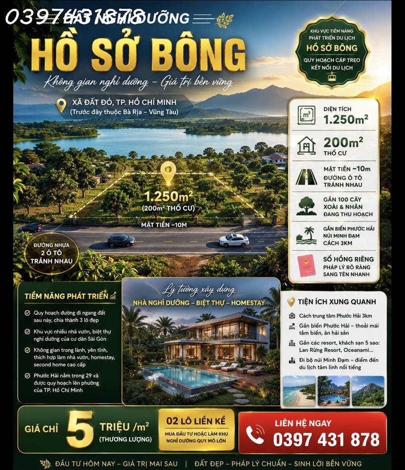 Bán đất nghỉ dưỡng Hồ Sở Bông, Long Mỹ, Bà Rịa Vũng Tàu, DT 1250 m2, giá đầu tư