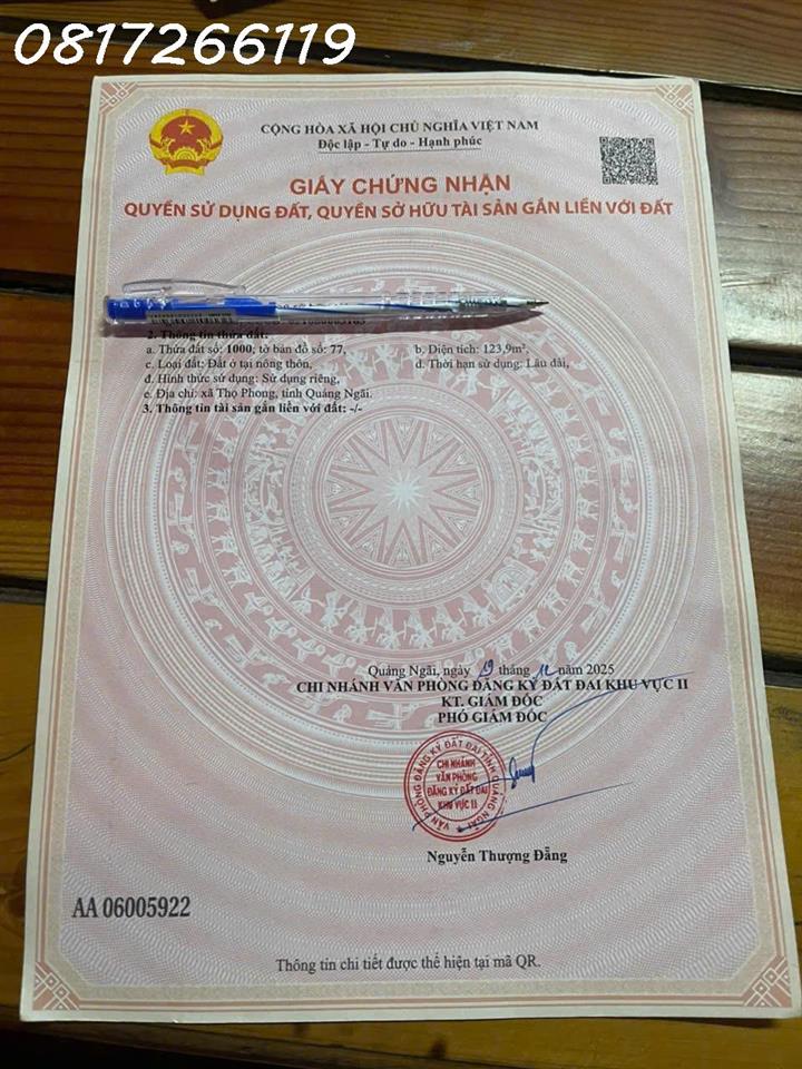 Cần bán nhanh lô đất đẹp xã Thọ Phong, Tỉnh Quảng Ngãi, 123,9m2, 1,080 tỉ
