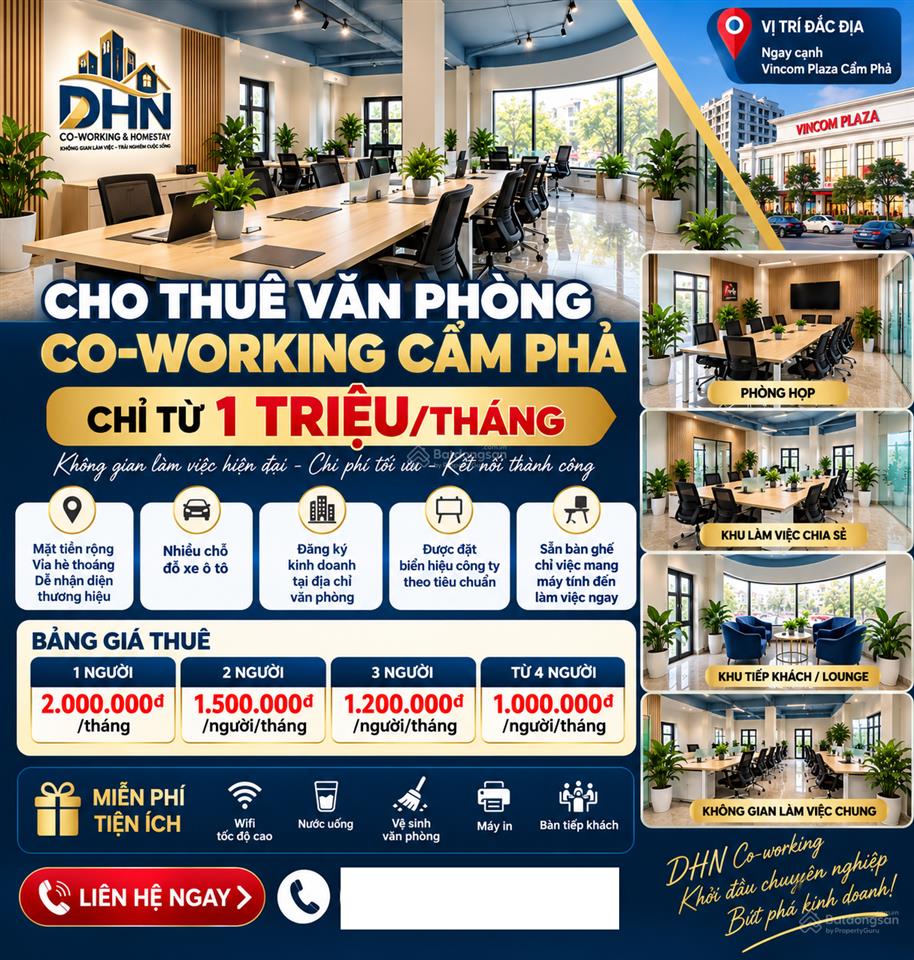 Cho thuê văn phòng coworking cẩm phả, quảng ninh chỉ từ 1 triệu/tháng