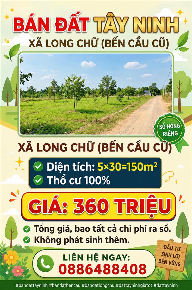 Bán đất 200m2 tại long chữ, huyện bến cầu, tây ninh, giá ưu đãi 360 triệu vnd