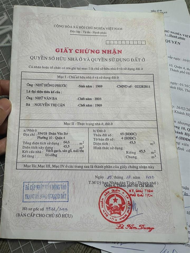 Bán nhà riêng tại 354/18 đường đoàn văn bơ, phường 10, quận 4, giá ưu đãi 5,95 tỷ, 45,5m2
