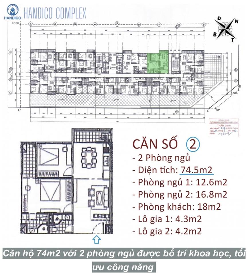 Ch trục 02 duy nhất 2n2vs 73m2 tầng đẹp ban công đông nam tại toà handico complex 33 lê văn lương
