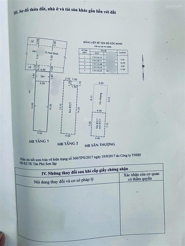 Hoà bình tân phú, hẻm ôtô 7m, 4 x 17m(68m2) 3 tầng sân thượng.