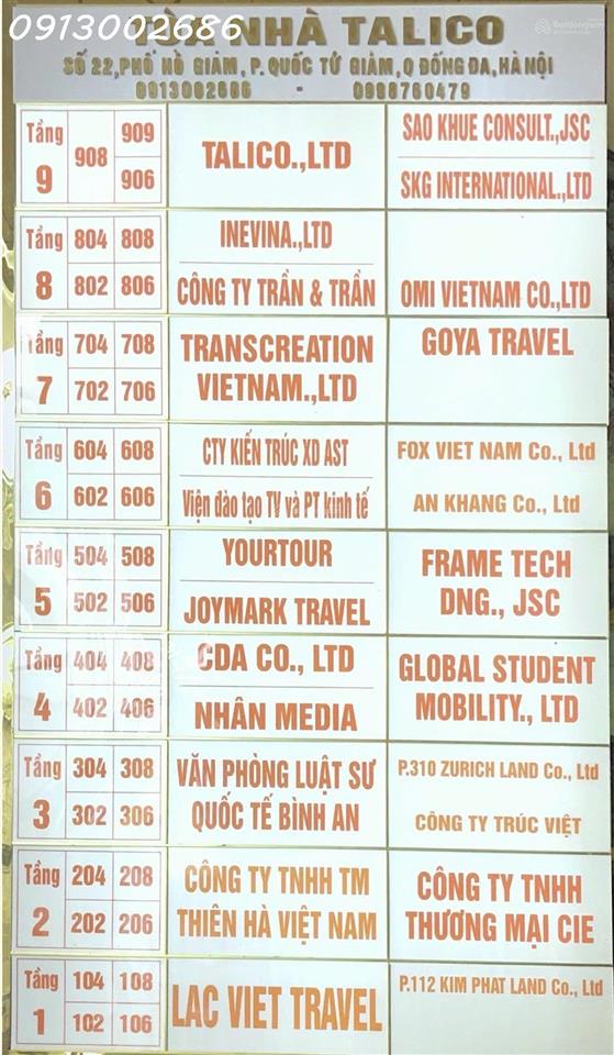 Cho thuê văn phòng 40-70-100 m2 tại Talico Building 22 Phố Hồ Giám, P.Văn Miếu-QTG, Hà Nội