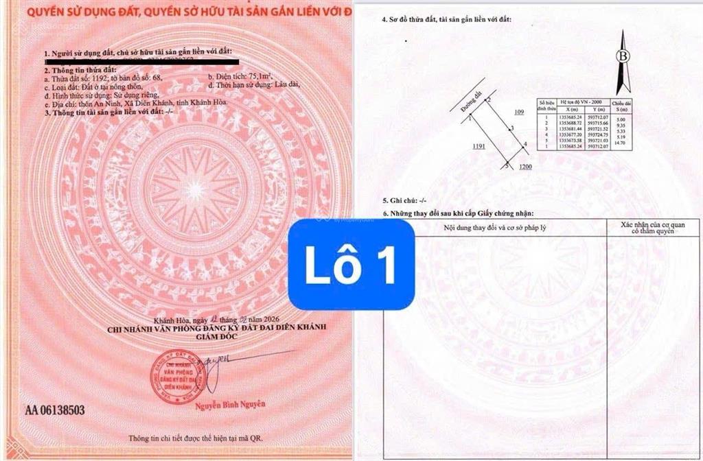 Bán đất thôn an ninh(xã diên an cũ), xã diên khánh, khánh hòa  cách võ nguyên giáp 1km