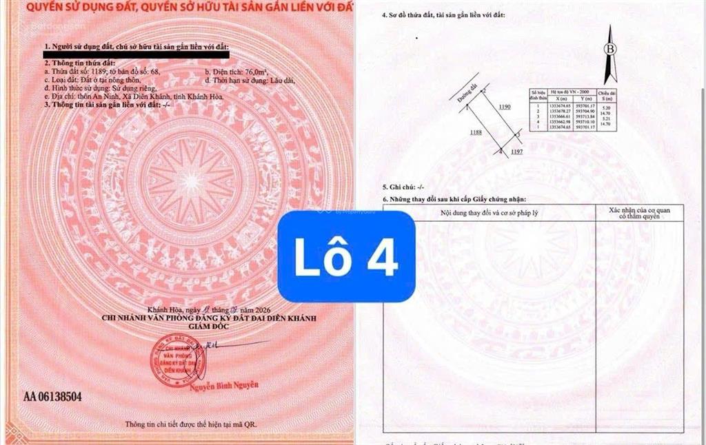Bán đất thôn an ninh(xã diên an cũ), xã diên khánh, khánh hòa  cách võ nguyên giáp 1km